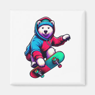 Imán Cool Funky Polar Bear Skateboarding Illustration A