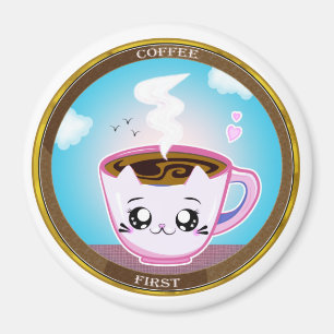 Imán Copa de café Kawaii de gato rosa. Café primero