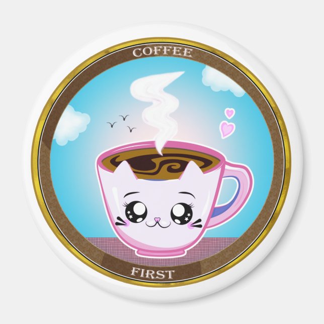 Imán Copa de café Kawaii de gato rosa. Café primero (Frente)