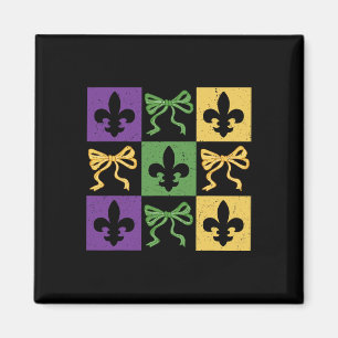 Imán Coquette Bow Checkered Fleur De Lis Mardi Gras Car