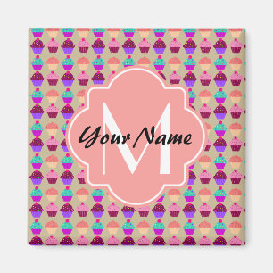 Imán Coral Cupakes Nombre personalizado, Monograma Pers
