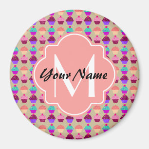 Imán Coral Cupakes Nombre personalizado, Monograma Pers