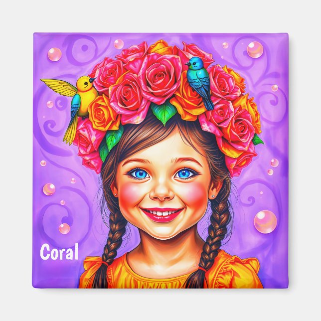Imán CORAL~ EASTER BONNET ~ Chica feliz ~ (Frente)