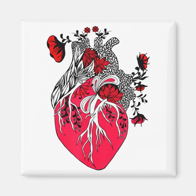 Imán Corazón Anatómico Floreciendo Flores Rojas Día de  (Frente)