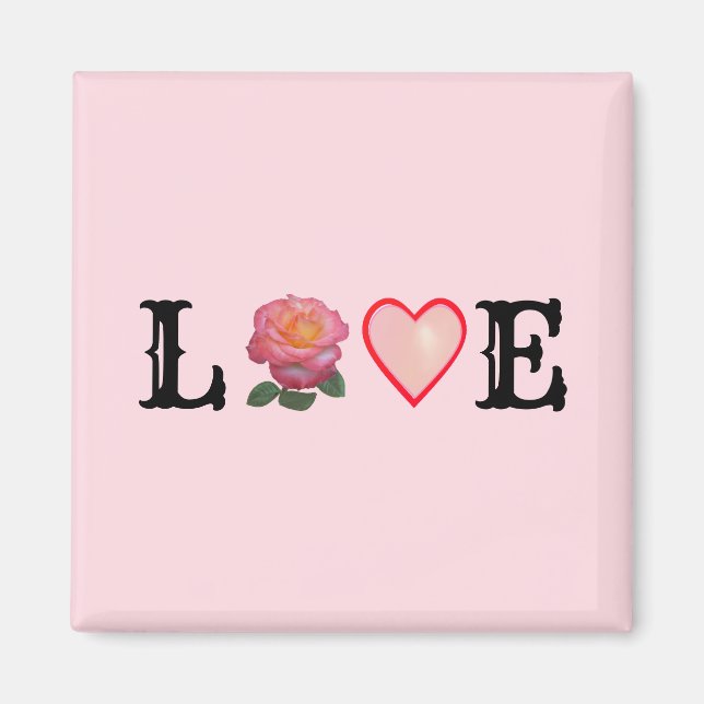 Imán Corazón de amor y flor de rosa rosa (Frente)
