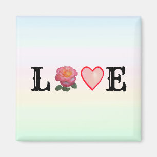 Imán Corazón de amor y flor de rosa rosa sobre colores 