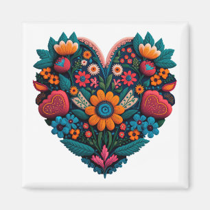 Imán Corazón de flores de inspiración ucraniana en blan