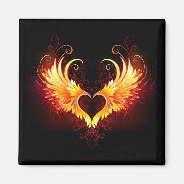 Imán Corazón de fuego angélico con alas (Frente)