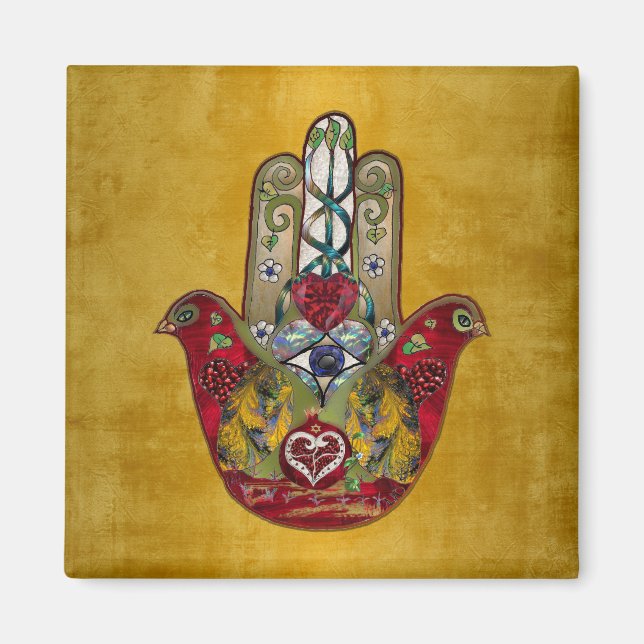 Imán Corazón de Granada Rojo de Pájaro Hamsa Rubí (Frente)