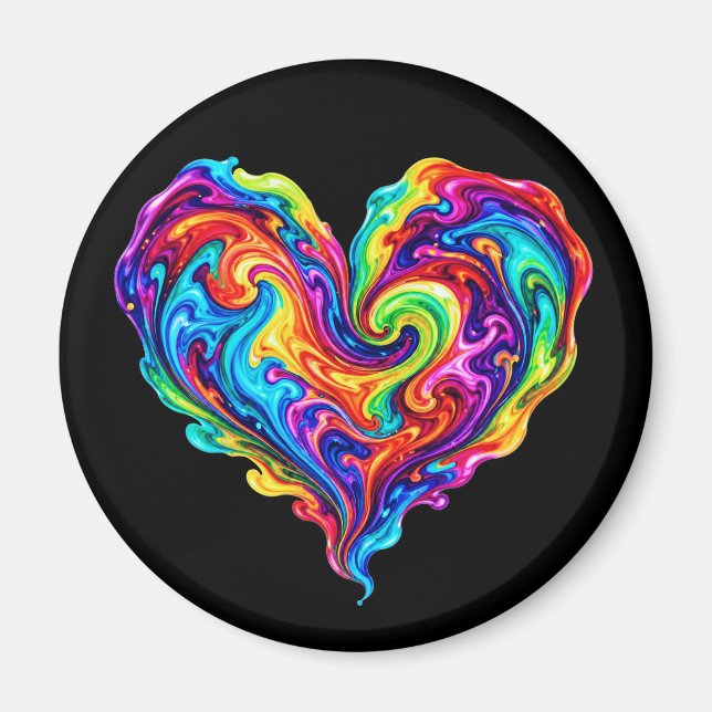 Imán Corazón de pintura vertida de arcoíris vibrante (Frente)
