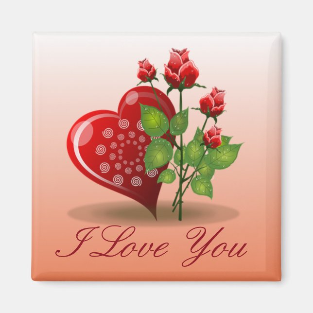 Imán Corazón espiral y rosa rojo (Frente)