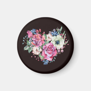 Imán Corazón floral de acuarela: rosas vintage.