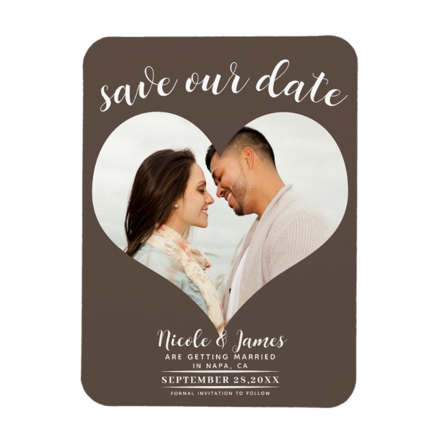 Imán Corazón Marrón Medio Foto Boda Save the Date (Vertical)