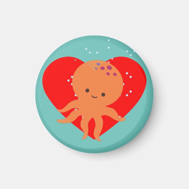 Imán Corazón Rojo Personalizado de Octopus Cute (Frente)