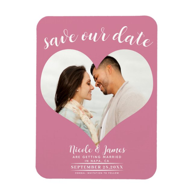 Imán Corazón Rosa Foto Boda Save the Date (Vertical)