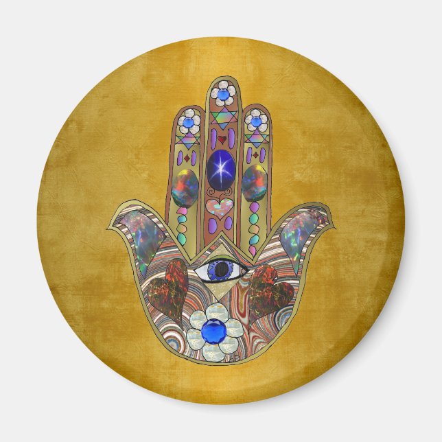 Imán Corazones de Hamsa Flores Ópalo Arte en Oro (Frente)
