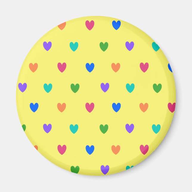 Imán Corazones de polka arcoiris sobre amarillo (Frente)