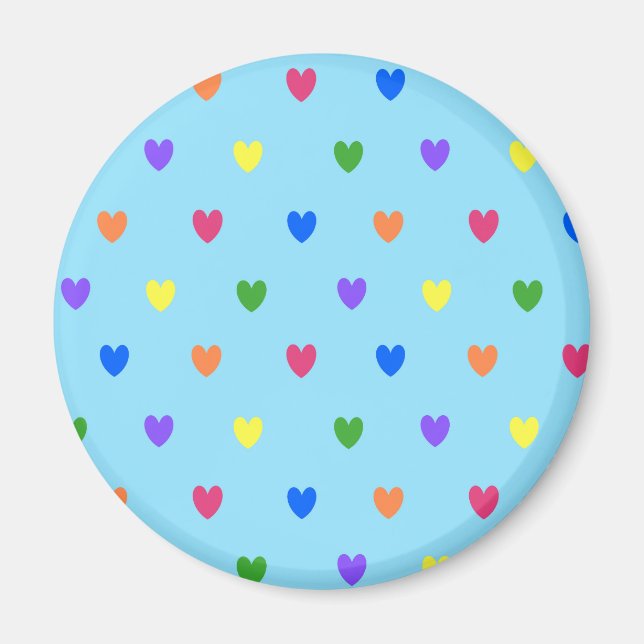 Imán Corazones de polka arcoiris sobre azul bebé (Frente)