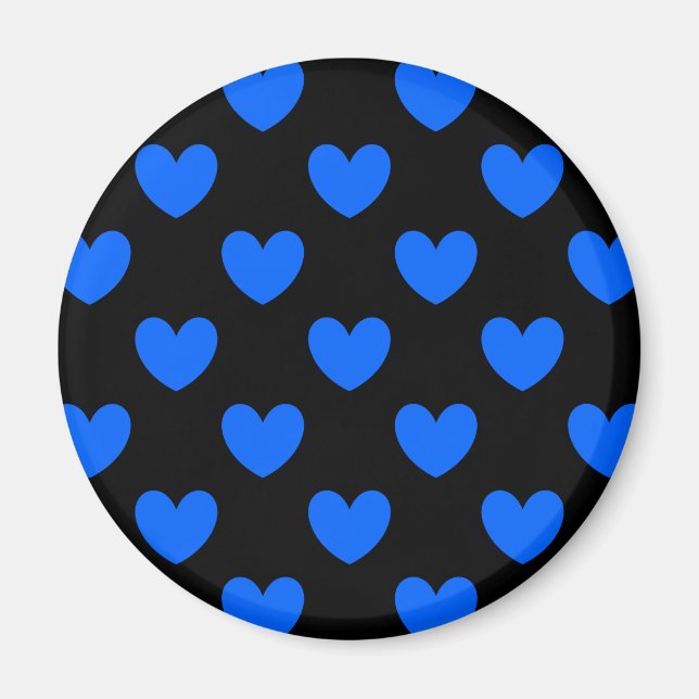 Imán Corazones de polka azul sobre negro (Frente)