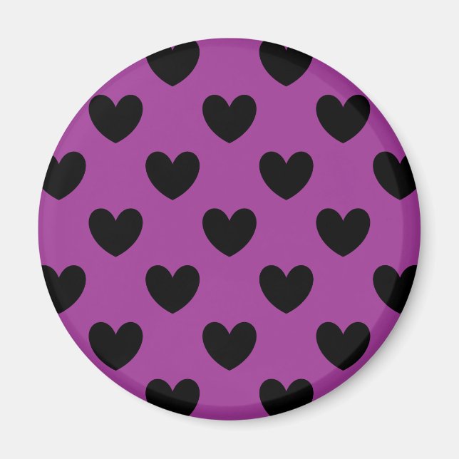 Imán Corazones de polka negra en morado (Frente)