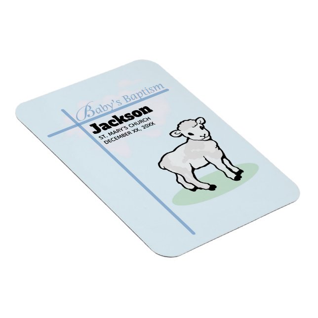 Imán Cordero Niño Azul Bautizo, Personalizable (Lado Derecho)