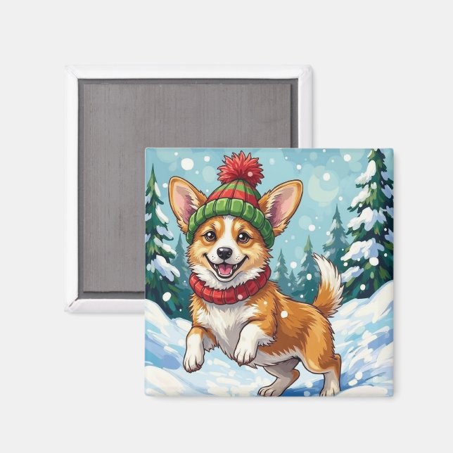 Imán Corgi alegre rebotando en la nieve con borla (Anverso/Reverso)
