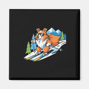 Imán Corgi Alpino En Esquís Gafas Geniales Escena Inver