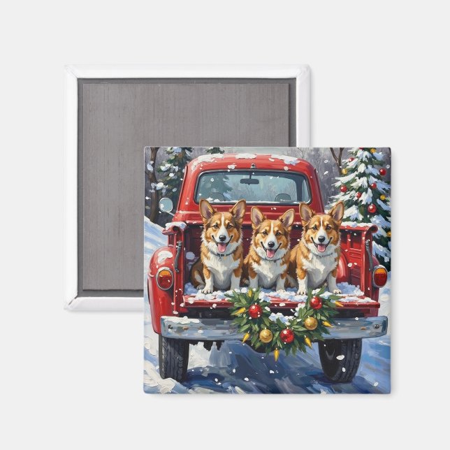Imán Corgi Christmas Red Truck Holiday (Anverso/Reverso)