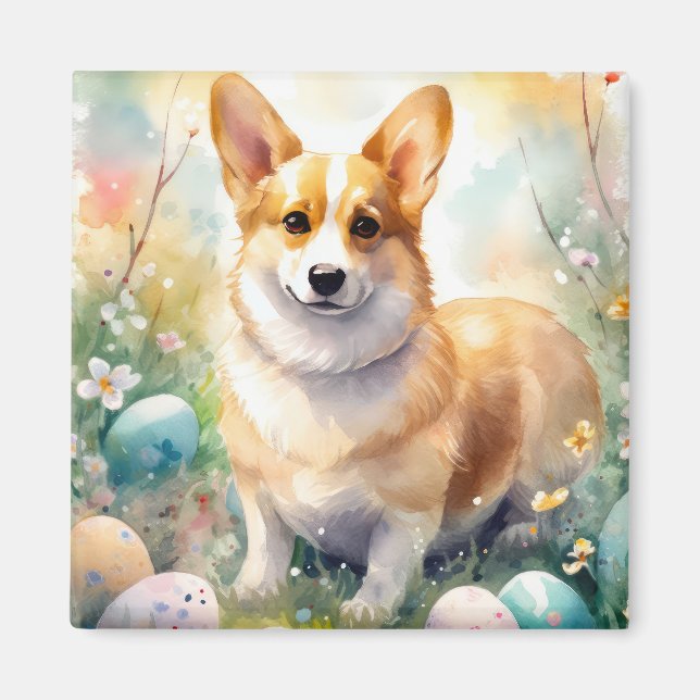 Imán Corgi con huevos de Pascua Fiesta (Frente)