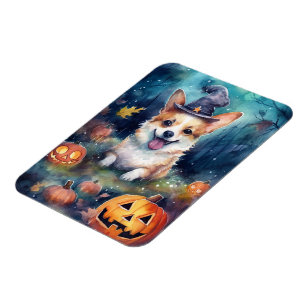 Imán Corgi de Halloween con calabazas espeluznante