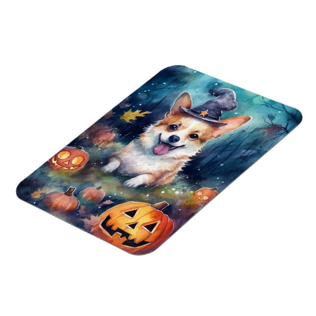 Imán Corgi de Halloween con calabazas espeluznante (Lado Izquierdo)