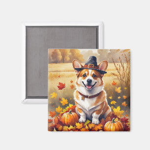 Imán Corgi en hojas de otoño Arte de Acción de Gracias