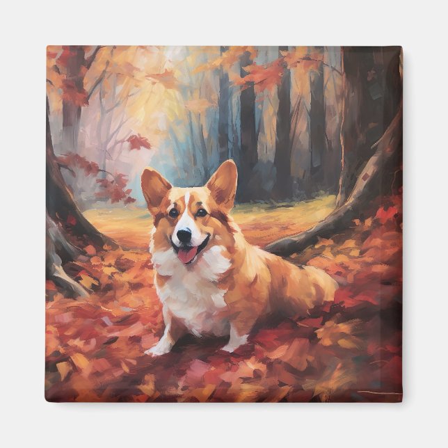 Imán Corgi en otoño se inspira en las hojas (Frente)