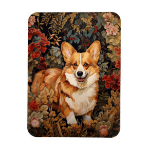 Imán Corgi galés en un jardín de flores victoriano
