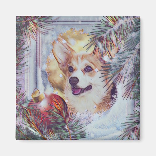Imán Corgi galés en ventana de invierno (Frente)