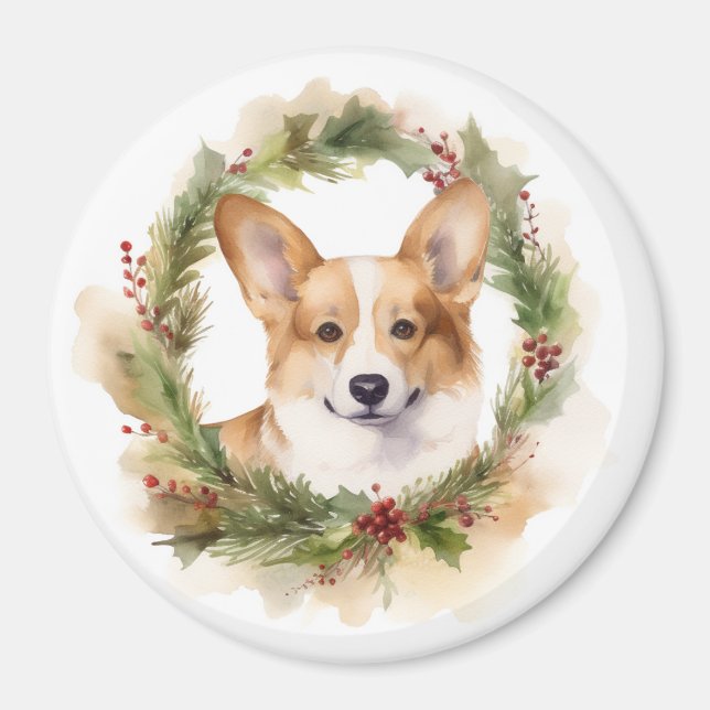 Imán Corgi Navidades Wreath Festive Pup (Frente)