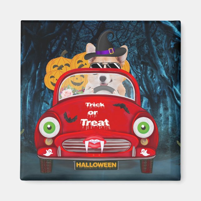Imán Corgi Perro conducir coche asustar Halloween (Frente)