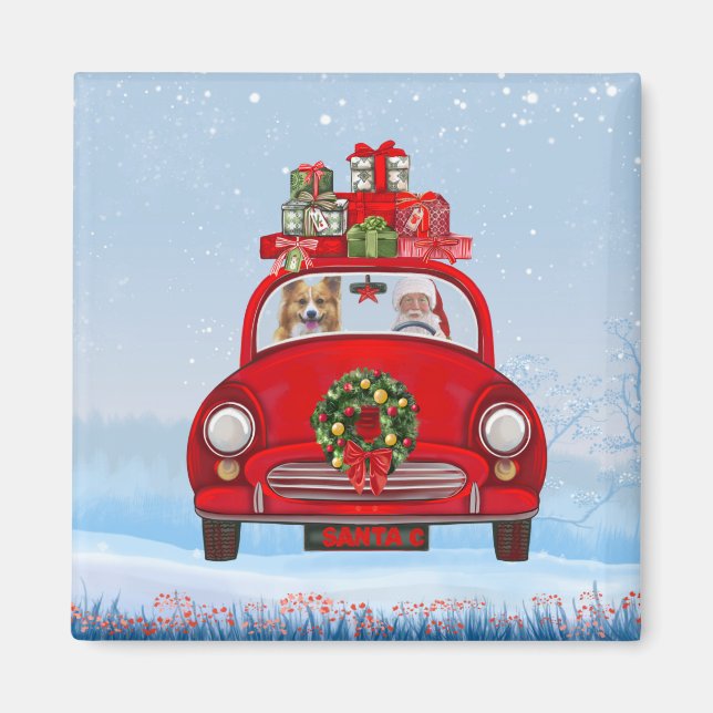 Imán Corgi Perro En Coche Con Santa Claus (Frente)