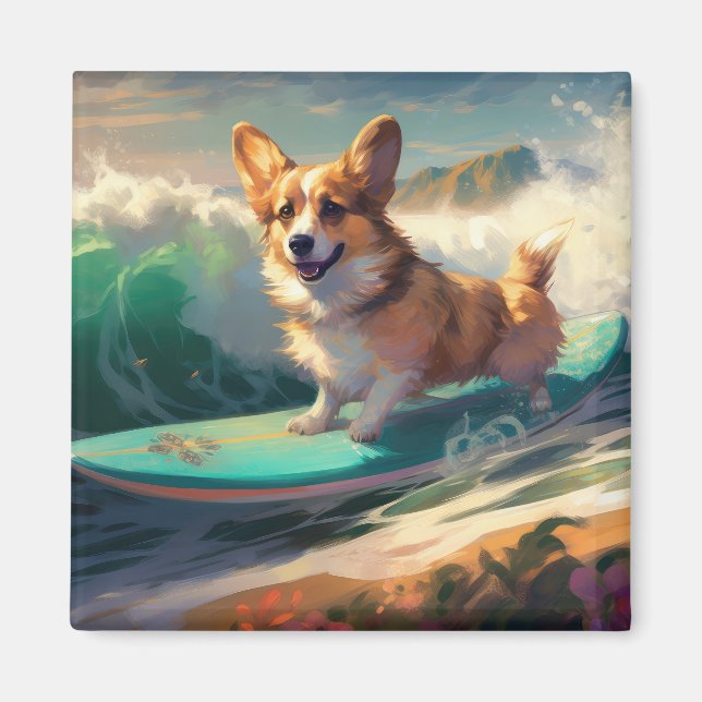 Imán Corgi Pintura de Surf en la Playa (Frente)