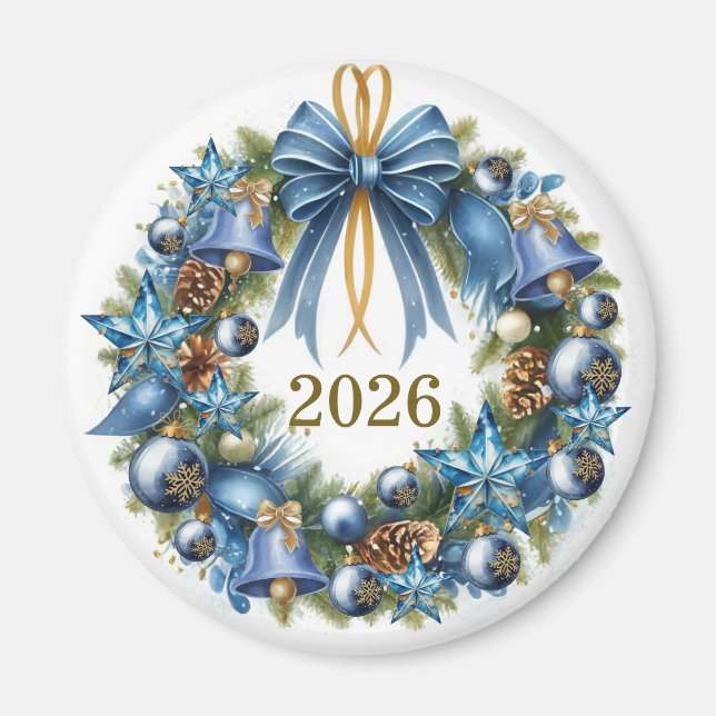 Imán Corona de Navidad azul y dorada personalizable (Frente)