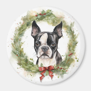 Imán Corona de Navidad de Boston Terrier Perro Festivo