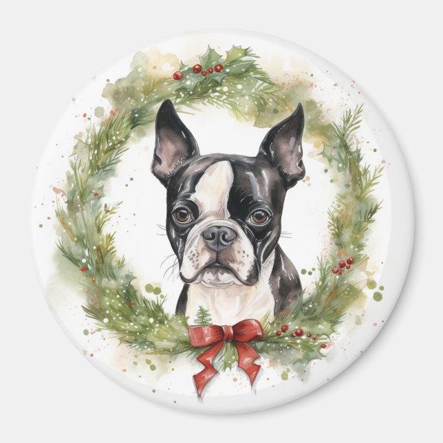 Imán Corona de Navidad de Boston Terrier Perro Festivo (Frente)