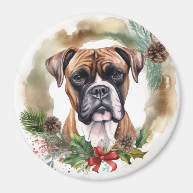 Imán Corona de Navidad de Boxer Perro Festivo (Frente)