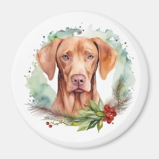 Imán Corona de Navidad Vizsla Perro Festivo (Frente)