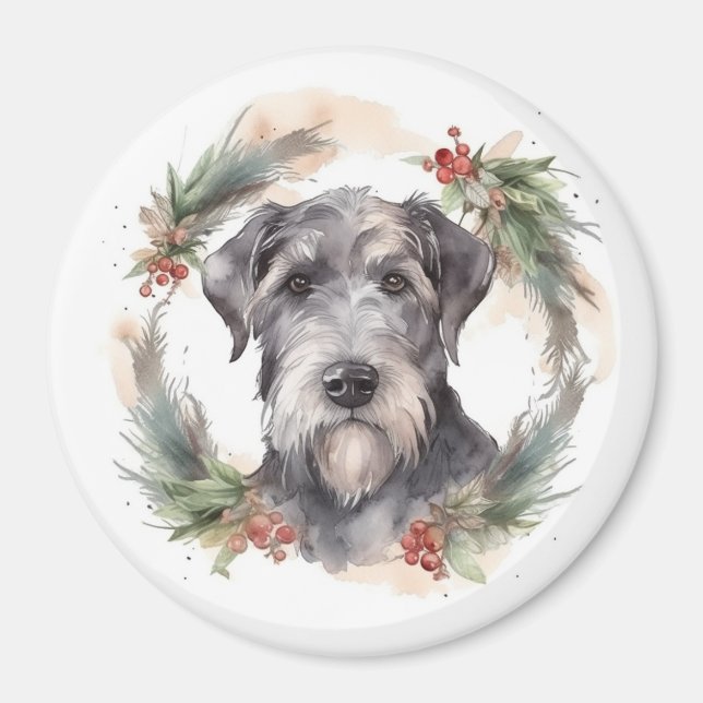 Imán Corona de Navidad Wolfhound Perro Festivo (Frente)