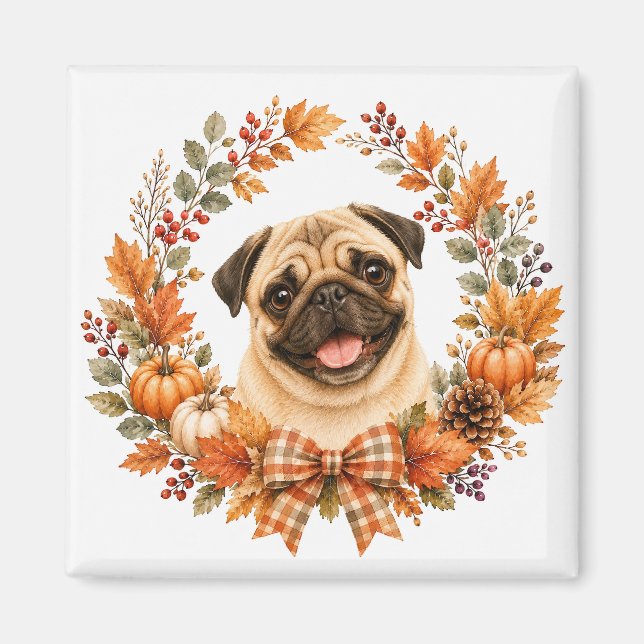 Imán Corona de otoño de pug (Frente)