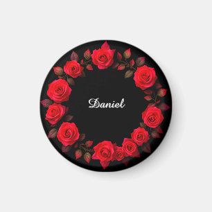 Imán Corona floral de rosa roja sobre fondo negro