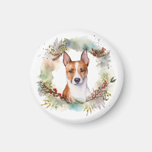 Imán Corona Navideña de Basenji Perro Festivo