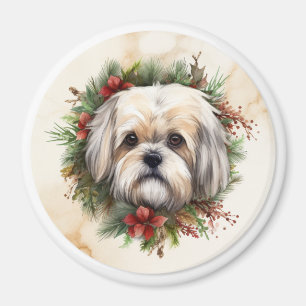 Imán Corona Navideña de Lhasa Apso Cachorro Festivo