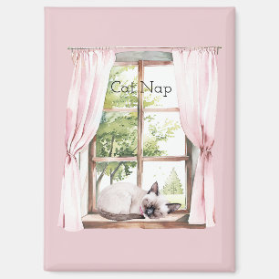 Imán Cortinas Rosadas Gato Duerme Ventana